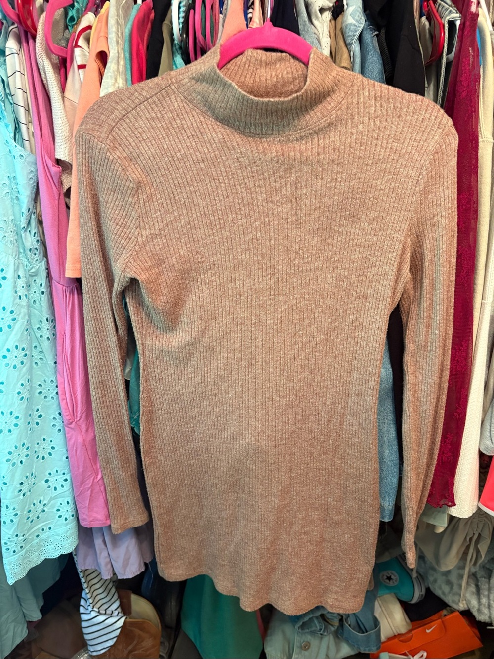 Double Zero Ribbed Mock Neck Mini Dress in Camel